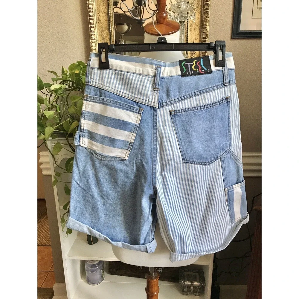 Vintage Y2K Steel Jeans  Sz 5 High Waisted Denim Color Block Carpenter Shorts - Picture 4 of 10